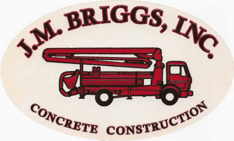 A red and white truck with the name m. Briggs, llc concrete construction on it